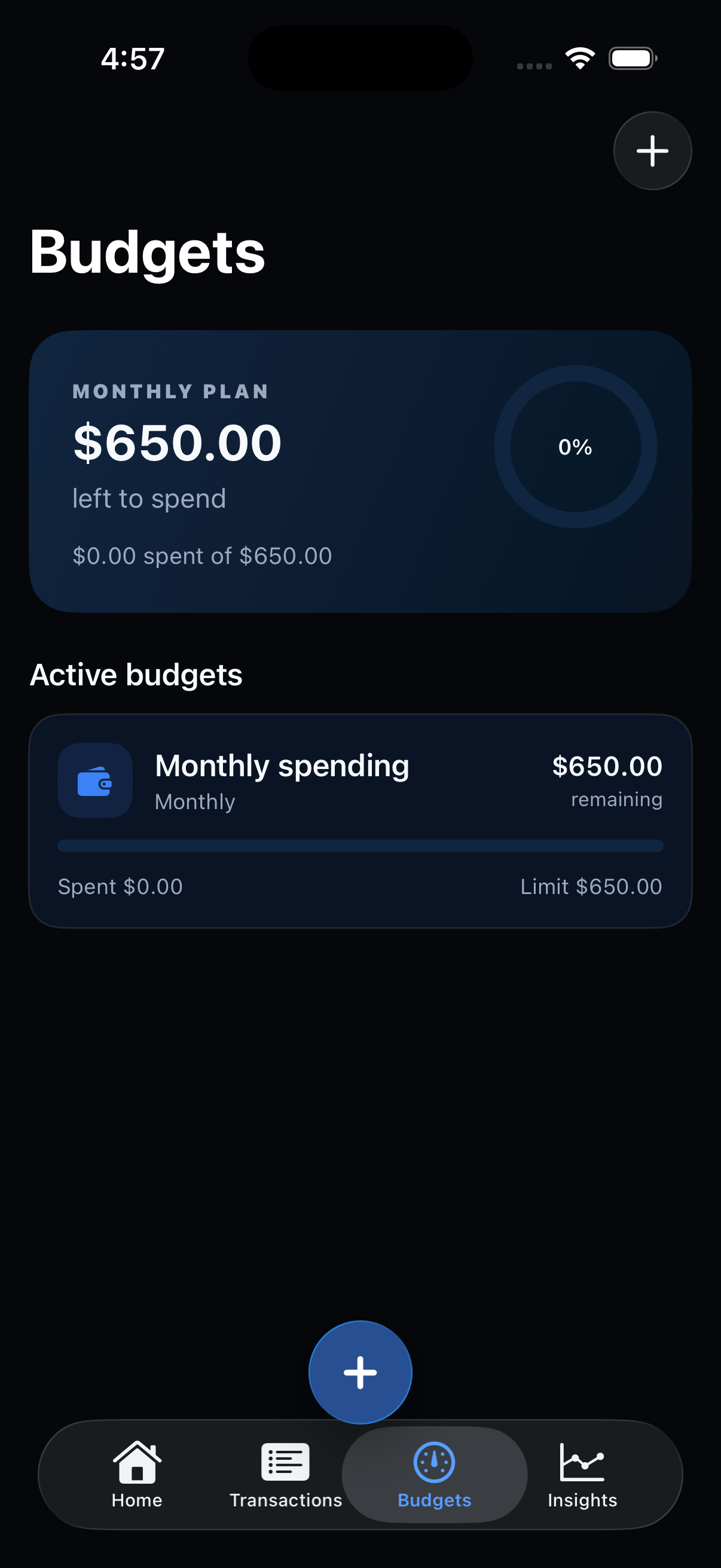 Sumstead Budgets screen showing a monthly spending plan