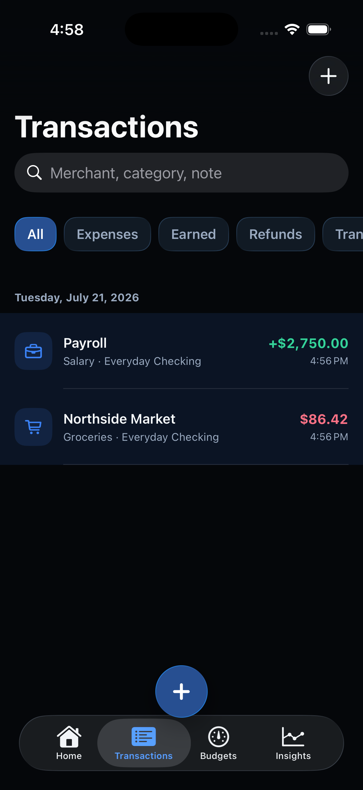 Sumstead Transactions list showing income and grocery spending